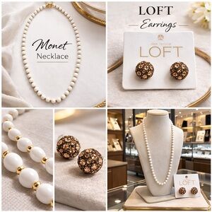 Monet white beaded necklace w/LOFT rose gold pavé rhinestone stud earrings 🤍🤎